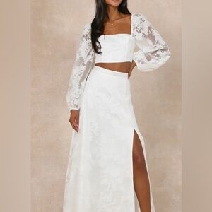 Floral Lace White Two-Piece Dress with Sheer Sleeves